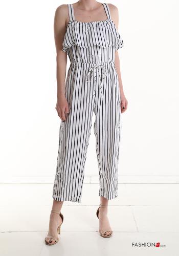 Striped sleeveless Linen Jumpsuit with flounces with drawstring