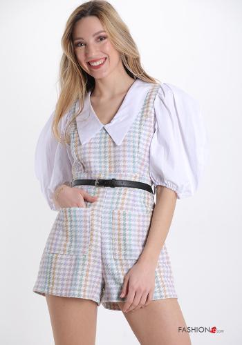 Mono de Algodón  con bolsillos escote en v con cinturón Estampado Vichy - ph 1