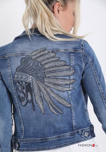 Giacca in Cotone denim Fantasia stampata con tasche con bottoni con strass - ph 4