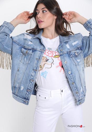 Giacca in Cotone  con borchie denim con frange Fantasia ricamata - ph 2