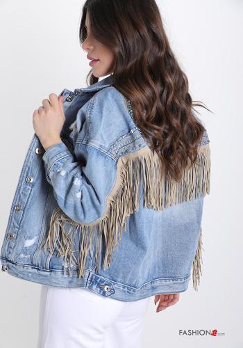 Giacca in Cotone  con borchie denim con frange Fantasia ricamata - ph 3