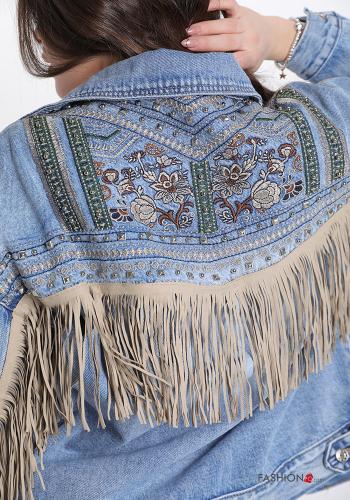 Giacca in Cotone  con borchie denim con frange Fantasia ricamata - ph 4