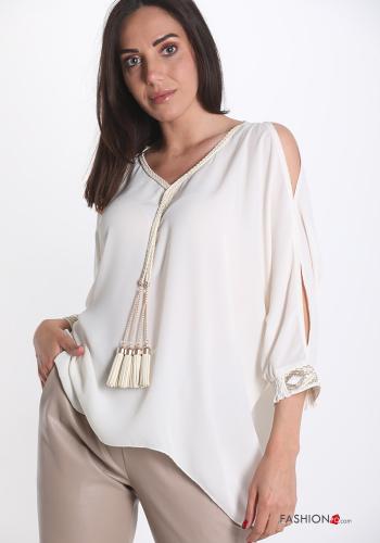 Blusa in Cotone  scollo a V con paillettes con frange - ph 1