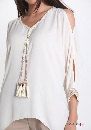 Blusa in Cotone  scollo a V con paillettes con frange - ph 4