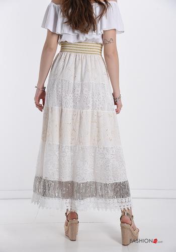 Gonna in Cotone macramé pizzo Longuette con paillettes con balze - ph 2