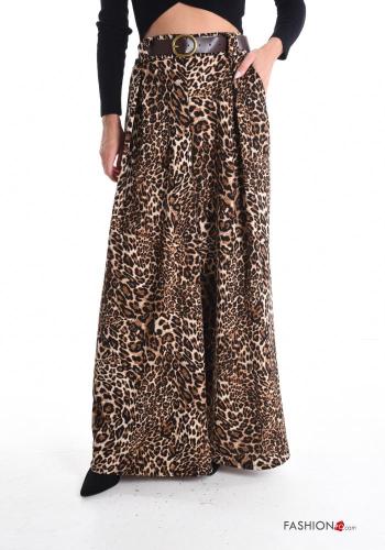 Animal print wide leg long Trousers with belt with pockets - ph 1