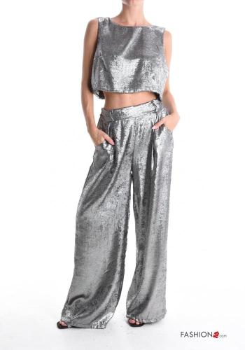 Conjunto wide leg sin mangas metalizado con bolsillos con elástico - ph 1