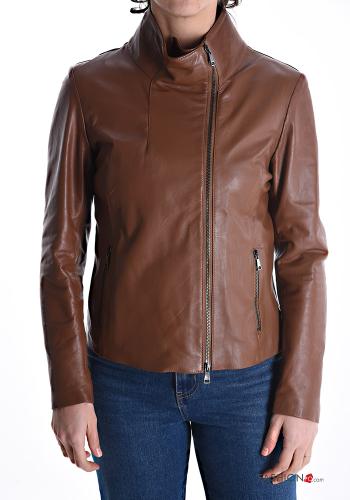 Chaqueta de Cuero Genuino de cuello alto con cremallera con forro con bolsillos