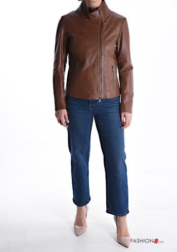 Giacca in Vera pelle con fodera con zip a collo alto con tasche - ph 5