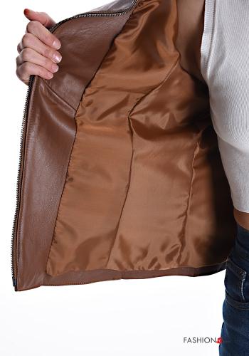 Giacca in Vera pelle con fodera con zip a collo alto con tasche - ph 6