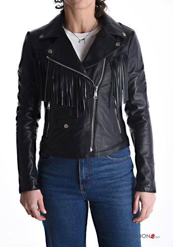 Genuine Leather Biker Jacket with lining with fringe with pockets with zip - ph 1