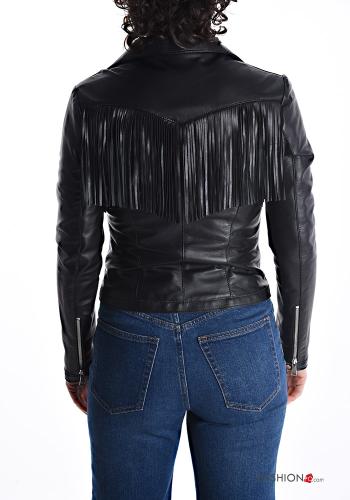 Genuine Leather Biker Jacket with lining with fringe with pockets with zip - ph 2