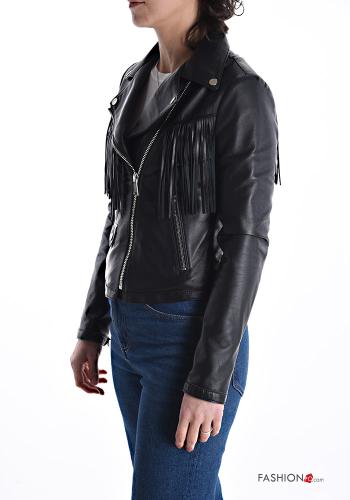 Genuine Leather Biker Jacket with lining with fringe with pockets with zip - ph 3