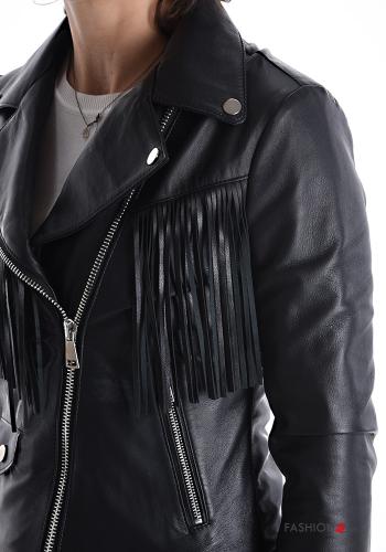 Genuine Leather Biker Jacket with lining with fringe with pockets with zip - ph 4