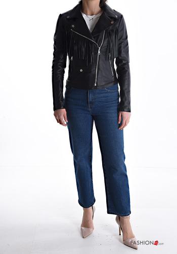 Genuine Leather Biker Jacket with lining with fringe with pockets with zip - ph 5