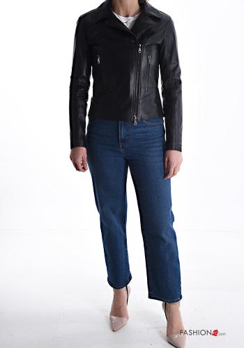 Bikerjacke aus Echtes Leder mit Taschen mit Futter mit Reißverschluss - ph 5
