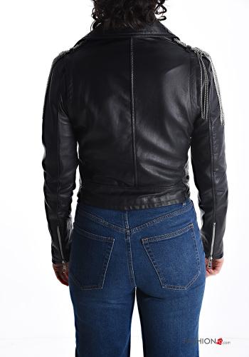 Blouson Style Motard en Cuir Véritable à franges avec strass avec doublure avec poches avec fermeture éclair - ph 2