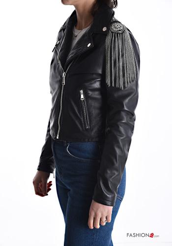 Blouson Style Motard en Cuir Véritable à franges avec strass avec doublure avec poches avec fermeture éclair - ph 3