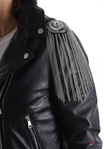 Blouson Style Motard en Cuir Véritable à franges avec strass avec doublure avec poches avec fermeture éclair - ph 4