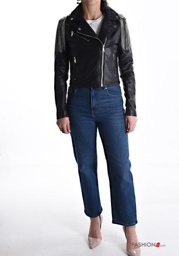 Blouson Style Motard en Cuir Véritable à franges avec strass avec doublure avec poches avec fermeture éclair - ph 5