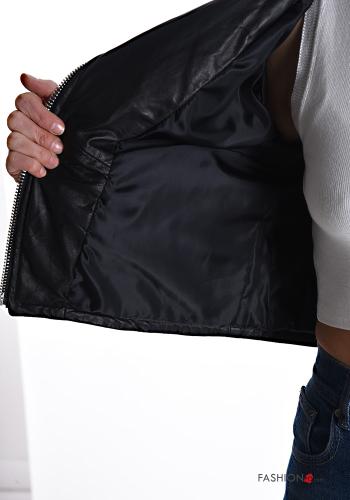 Blouson Style Motard en Cuir Véritable à franges avec strass avec doublure avec poches avec fermeture éclair - ph 6