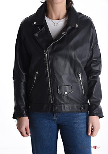 Genuine Leather Biker Jacket with pockets with lining with zip - ph 1