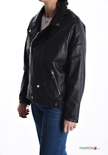 Genuine Leather Biker Jacket with pockets with lining with zip - ph 3
