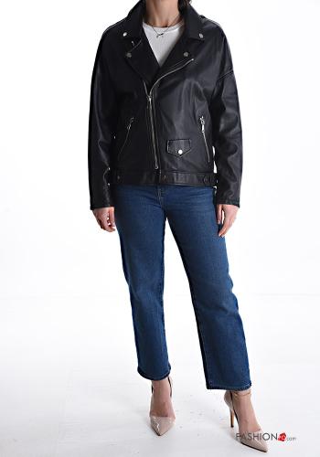 Genuine Leather Biker Jacket with pockets with lining with zip - ph 5