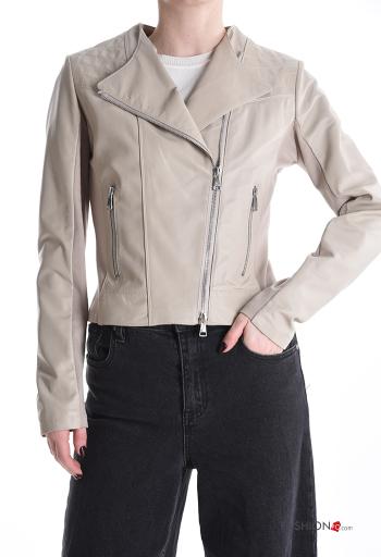 Blusão Motard em Couro Genuíno com bolsos com fecho com forro - ph 1