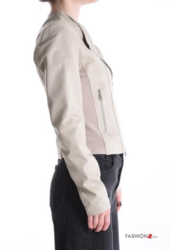 Blusão Motard em Couro Genuíno com bolsos com fecho com forro - ph 3