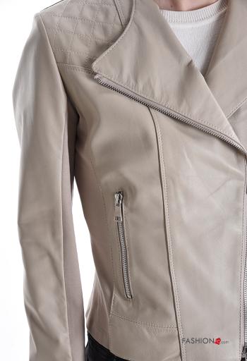 Blusão Motard em Couro Genuíno com bolsos com fecho com forro - ph 4