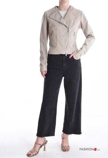 Blusão Motard em Couro Genuíno com bolsos com fecho com forro - ph 5