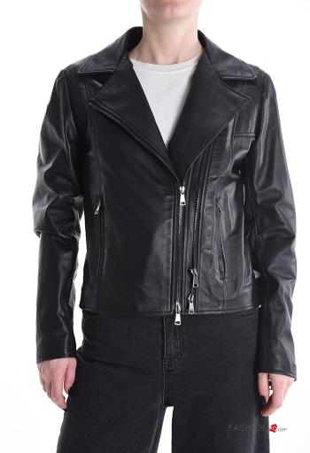 Cazadora estilo biker de Cuero Genuino con cremallera con bolsillos con forro - ph 1