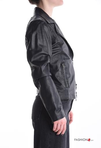 Cazadora estilo biker de Cuero Genuino con cremallera con bolsillos con forro - ph 3