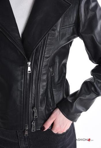 Cazadora estilo biker de Cuero Genuino con cremallera con bolsillos con forro - ph 4