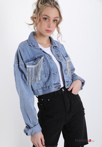 Giacca in Cotone  con bottoni denim con strass con frange con tasche - ph 1