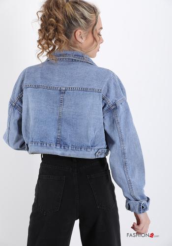 Giacca in Cotone  con bottoni denim con strass con frange con tasche - ph 2