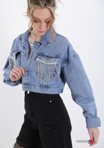 Giacca in Cotone  con bottoni denim con strass con frange con tasche - ph 3