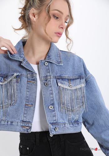Giacca in Cotone  con bottoni denim con strass con frange con tasche - ph 4