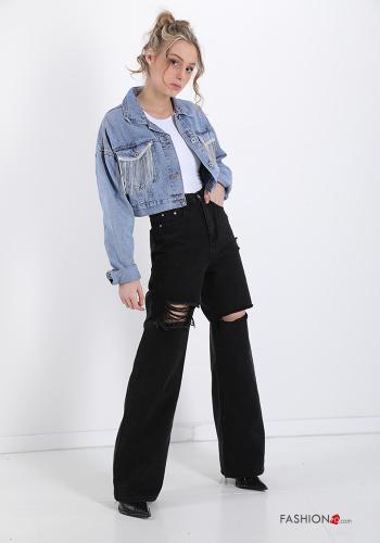 Giacca in Cotone  con bottoni denim con strass con frange con tasche - ph 5