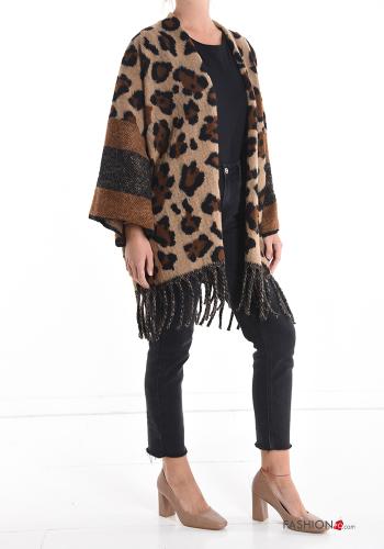 Poncho de Mezcla de Lana Estampado animal con flecos - ph 3