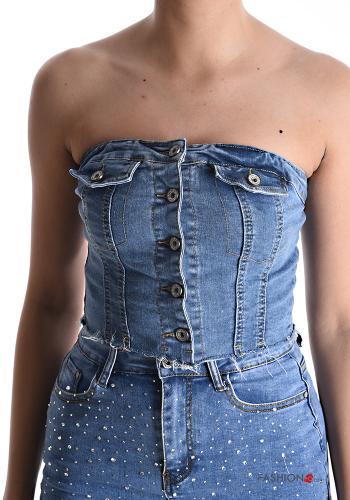 Denim ärmellos Top aus Baumwolle mit Taschen mit gummizug - ph 1