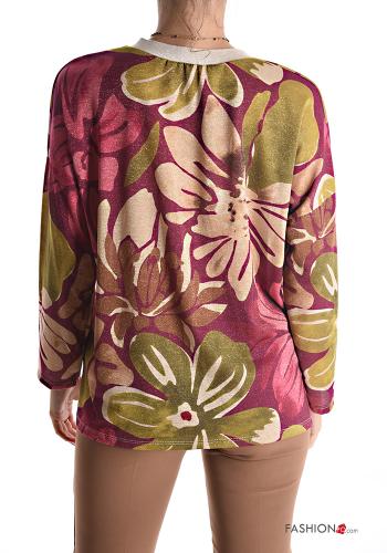 Blumenmuster Lurex Langarmshirt mit V-Ausschnitt - ph 2