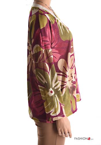 Blumenmuster Lurex Langarmshirt mit V-Ausschnitt - ph 3