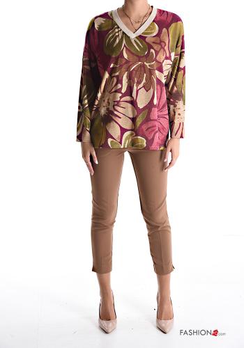 Blumenmuster Lurex Langarmshirt mit V-Ausschnitt - ph 5