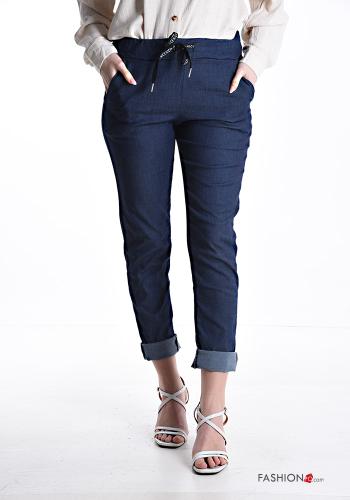 denim Cotton Trousers with pockets with elastic with bow