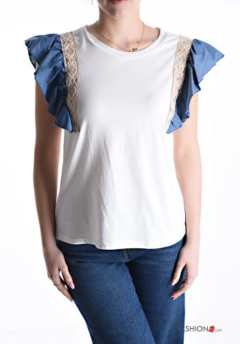 ruffle sleeve crew neck Cotton T-shirt - ph 1