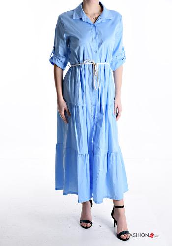 long Cotton Shirt dress with flounces with string with buttons