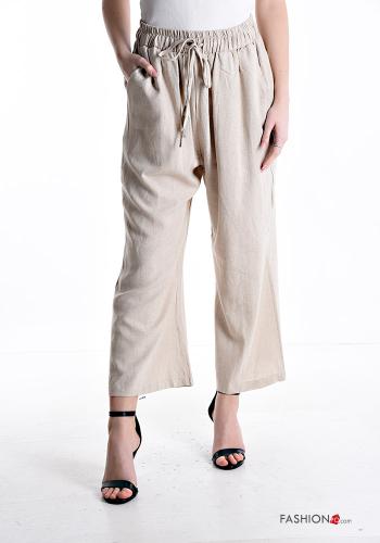 wide leg Linen Trousers with pockets with drawstring