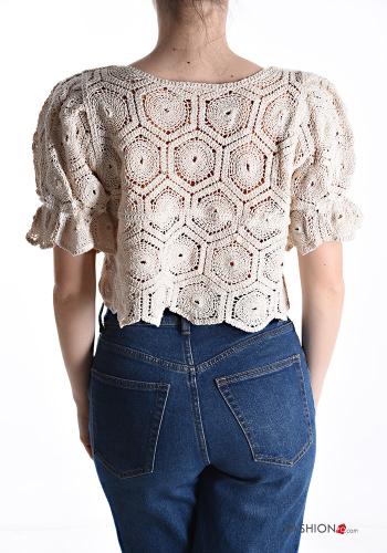 Top de Algodón mangas de globo/ abullonada crochet manga corta corto Patrón bordado con botones - ph 2